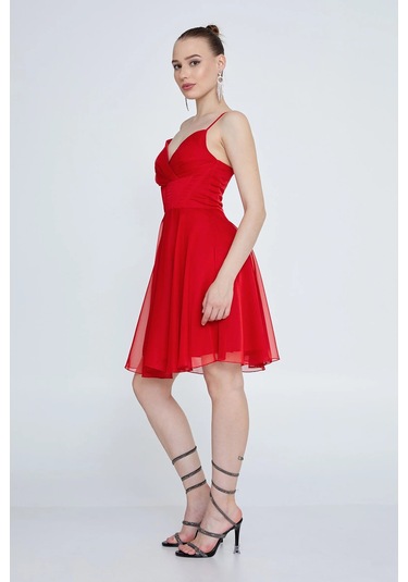 Doridorca Kadın Askılı Sırttan Çapraz Bağlamalı Kısa Abiye Elbise 6025 Kırmızı Kırmızı