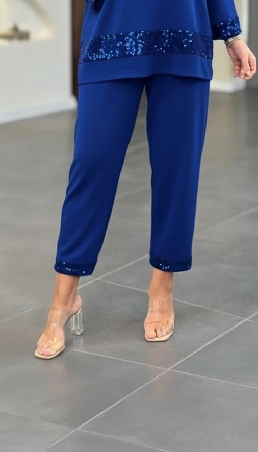 Kadın Uzun Kollu V Yakalı Pulpayet Viskon Iki Iplik Bluz Ve Pantolon Takım Saks Mavi