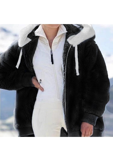 Avrupa Ve Amerika Birleşik Devletleri 2022 Sonbahar Ve Kış Sıcak Peluş Ve Fermuar Cep Kapşonlu Gevşek Ceket Kadın Ceket Siyah