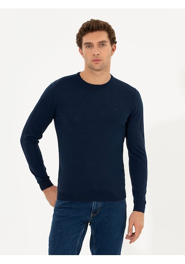 Cacharel Lacivert Slim Fit Bisiklet Yaka Basic Triko Kazak