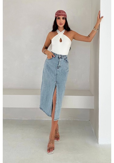 Paralel Taşlı Yırtmaçlı Denim Etek Mavi Mavi