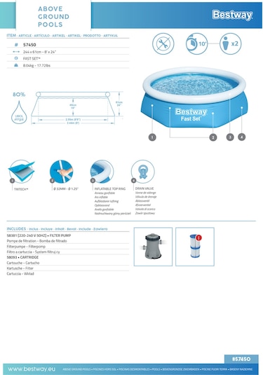 Bestway 57450 Fast Set Çember Şişme Havuz Seti 2.44 M X 61 Cm Mavi