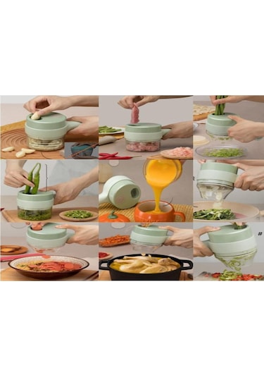 Mufunye El Tutan Kablosuz Elektrikli Mutfak Aleti: 4 Fonksiyonlu Sebze Dilimleyici, Sarımsak Kesici Ve Omlet Karıştırıcı - Yeşil