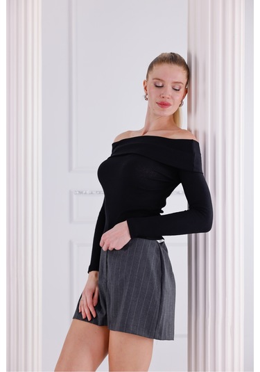 Madonna Yaka Uzun Kollu Fitilli Kadın Bluz Siyah