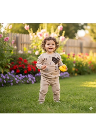 Kız Çocuk Leopar Desenli Kalp Baskılı Alt Üst İkili Gündelik Takım 1-4 Yaş Kahvrengi