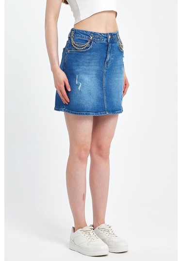 Explode - Kadın Mavi Likralı Yıpratmalı Mini Kot Etek-mavi Mavi