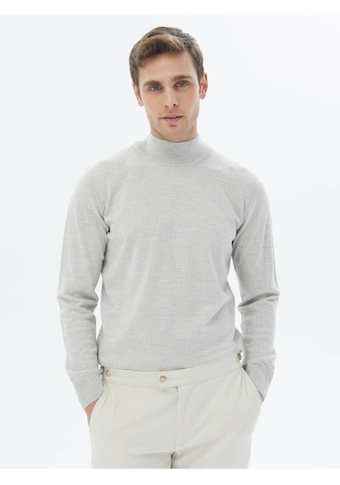 Kip Açık Gri Yarım Balıkçı Yaka Düz Örgü Yün Karışımlı Triko Çok Renkli