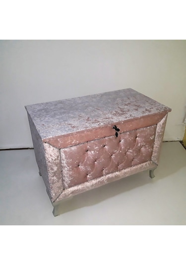 Çeyiz SANDIK Kapitone BÜYÜK Tekli Model PEMBE Kadife Kumaş İçi Kırmızı Tela El Yapım