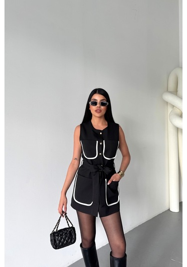 Modasize Büyük Cep Biye Detaylıyelek - Siyah Siyah