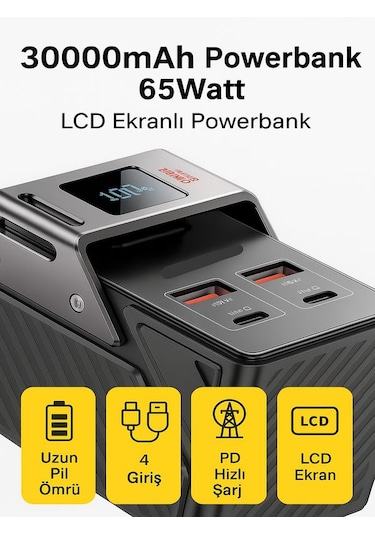 30000mah 65w Hızlı Şarjlı Dijital Göstergeli Taşınabilir 2usb 2ty