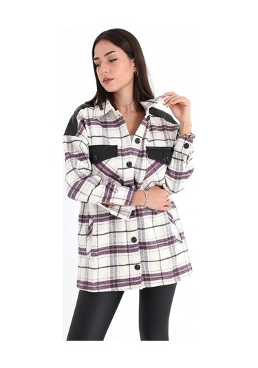 Deri Garnili Ekose Cepli Gömlek - Mor-mor Mor