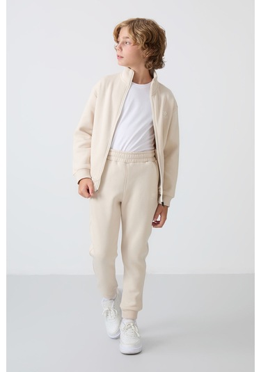 Tommy Life Bej Pamuklu Kalın İçi Tüylü Yumuşak Dokulu Standart Fit Nakışlı Erkek Çocuk Eşofman Takım - 11256 Bej