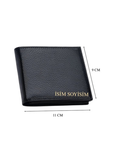 Erkek Hakiki Deri Cüzdan İsim Baskılı Yatay Model Siyah