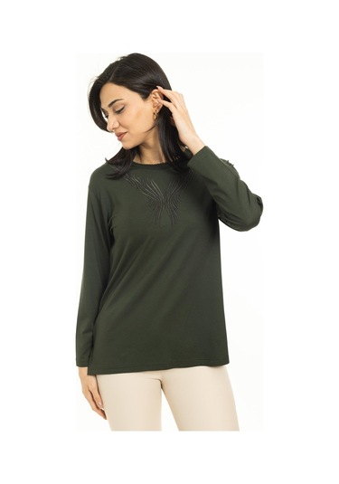 Yeni Sezon Kadın Orta Yaş ve Üzeri Yeni Desen Triko Yaka Likralı Anne Penye Bluz 30520-haki Yeşili