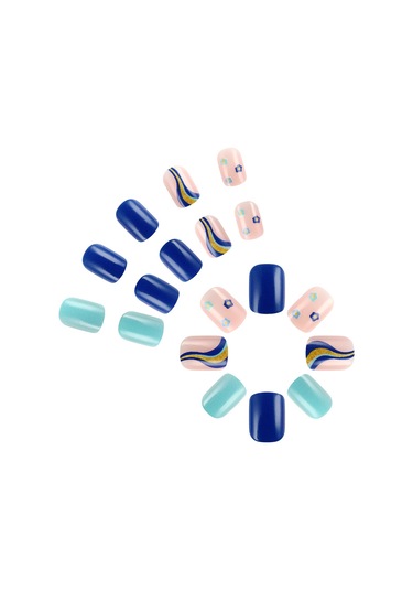 Kısa Çiçek Çizgileri Parlak Tırnaklar Renkli Çizgiler Pembe Ve Mavi Renk Uyumlu Basit Günlük Manikür 24 Adet Sahte Tırnak Dahil Araçlarys010