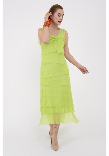 Italyan 2 Beden İnce Gösteren Kat Kat Kolsuz Ipek Elbise Neon Yeşil