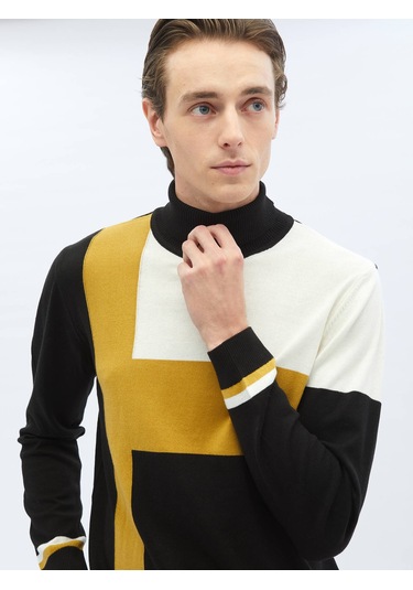 Siyah Tam Balıkçı Yaka Desenli Pamuk Karışımlı Triko 656011 Siyah