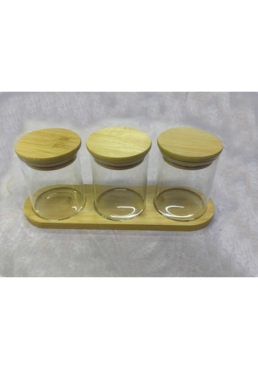 Bambu Standlı 3 Lü Mini Baharatlık Seti Vakum Kapaklı Kavanoz 7x6 Cm Stand 22x7 Cm Şeffaf
