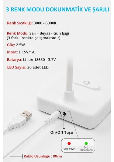Ledli Dokunmatik Masa Lambası 3 Kademeli Akrobat Şarjlı Ve Usb Ma
