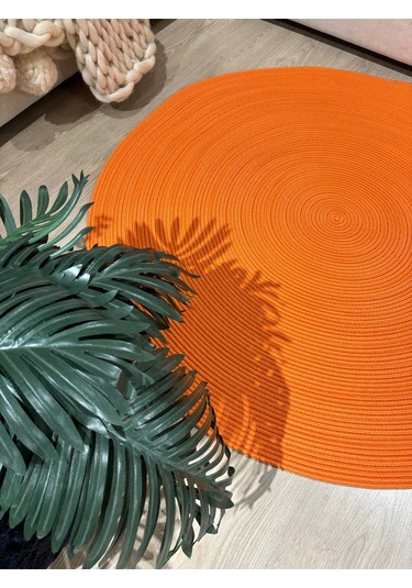 Turuncu Jüt Yuvarlak Hasır Görünümlü Klasik Halı Kilim Turuncu