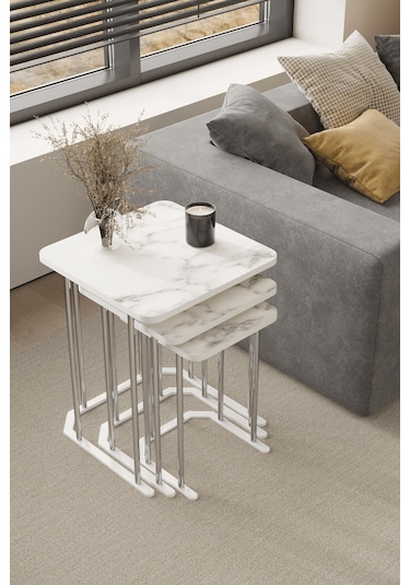 3' Lü Kare Zigon Sehpa Gümüş Ayak Beyaz Mermer Desen 18 Mm Mdf Gümüş - Beyaz Mermer