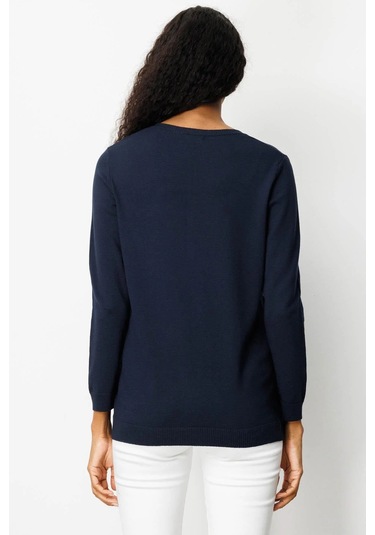 Desen Triko Kadın Sıfır Yaka Yakası Çiçek Nakış İşlemeli Bluz 25094 Koyu Lacivert Koyu Lacivert