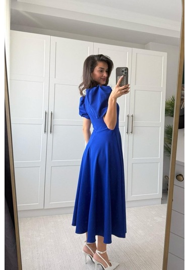 Kadın Kısa Balon Kollu Bisiklet Yaka Geniş Kesim Janjan Krep Elbise Saks Mavi