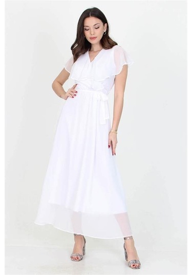 Neşeli Butik Kadın Yeni Sezon Kruvaze Yaka Bağlama Detaylı Uzun Şifon Elbise Nb0001 Beyaz