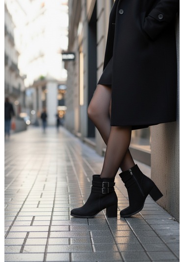 Kadın Hermina Çift Tokalı Kısa Bot Siyah Süet