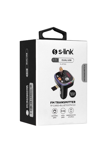 S-Link Sl-Bt306 Çift Usb 5V 3.1A Rainbow Işıklı Led Ekran Tf Kart Fm Transmitter