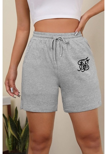 Tasarım Baskılı Pamuk Penye Short Gri