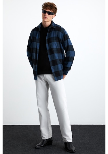 Wıldy  Erkek Pamuk-polyester Gömlek Yaka Relaxed Oduncu Mavi Gömlek