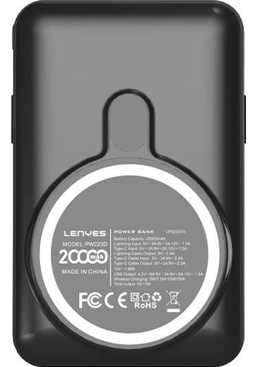 Lenyes Pw223d 22.5w 20.000mah Dijital Göstergeli Kablosuz Type-c&lightning Kablolu Powerbank Siyah