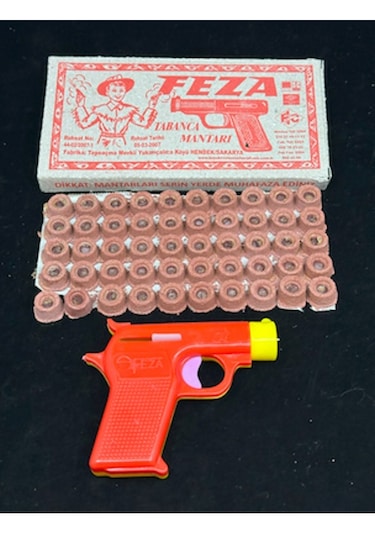 Plastik Eski Nostaljik Mantar Oyuncak Tabanca 50 Adet Kapsül Hedi
