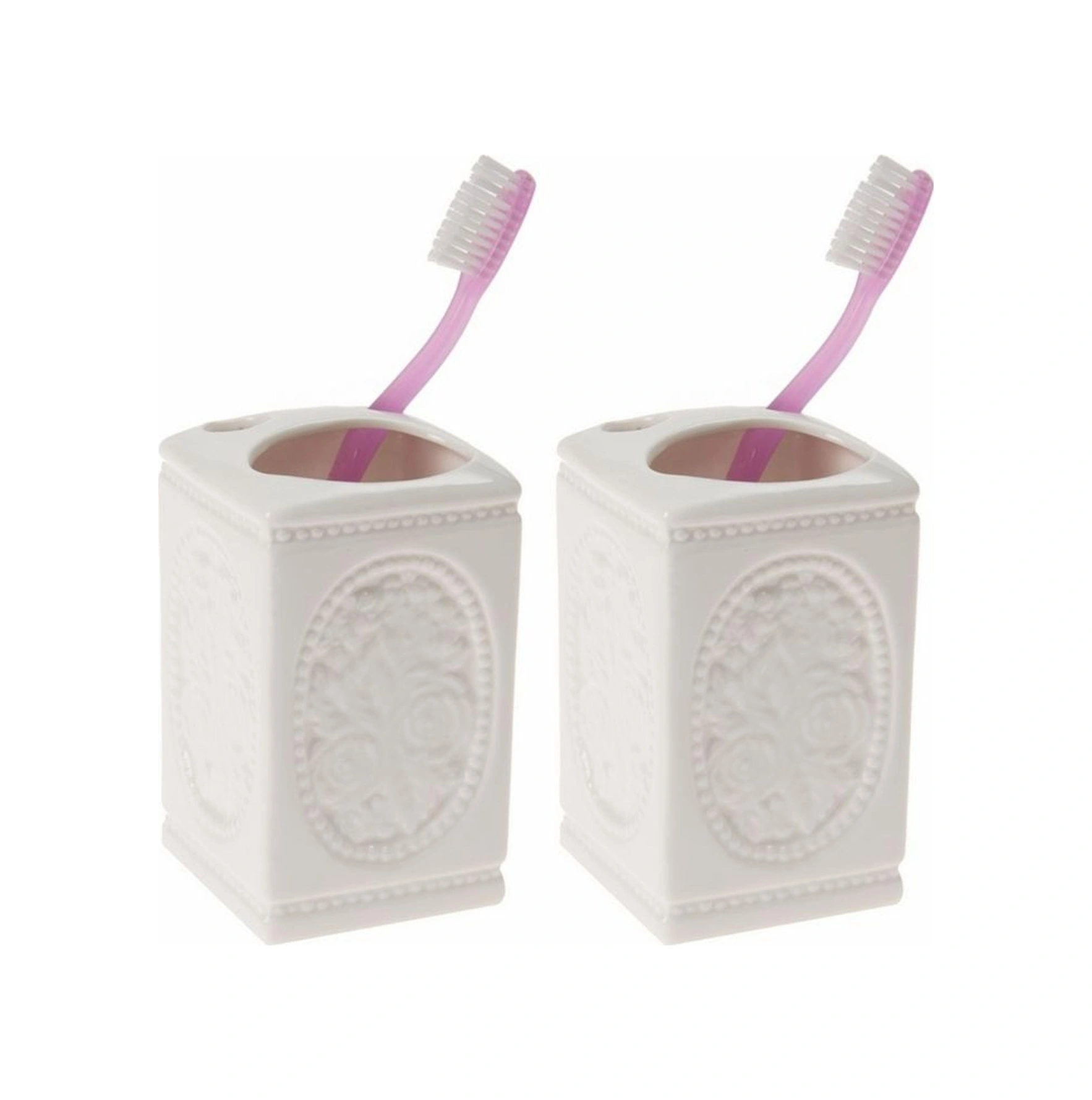 2 Adet Seramik Diş Fırçalık Çiçekli Kare Model 8x8x11cm Banyo Seti Çok Renkli