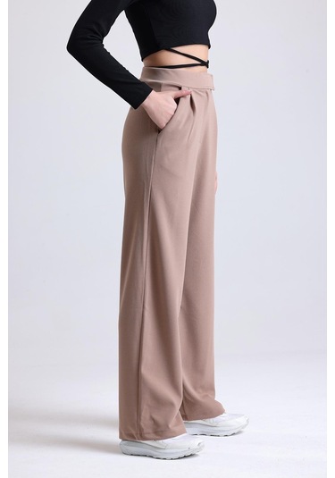 Kadın Wide Leg Likralı Cırt Kapamalı Lastikli Palazzo Pantolon - Kahverengi
