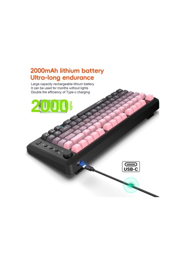 Hxsj L400 Üç Modlu Wireless Rgb Işık Ince Film 81 Tuş Klavye Grafiği Siyah Pembe
