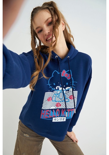 Hello Kitty Lisanslı Baskılı Kapüşonlu Lacivert Sweatshirt Renkli