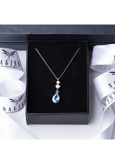 Mavi Damla Model Zirkon Taşlı 925 Ayar Gümüş Kadın Kolye Gümüş - Rodyum