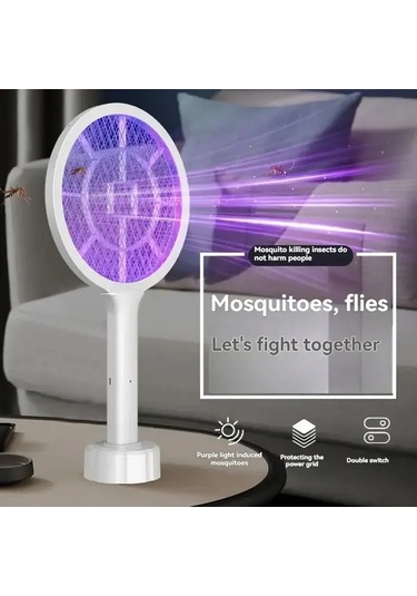 Boatshop1 Usb Şarj Edilebilir Beyaz El Tipi Sivrisinek Raketi Led Gece Lambalı Çift Modlu Elektrikli Böcek Öldürücü Ev Ofis Bahçe İçin