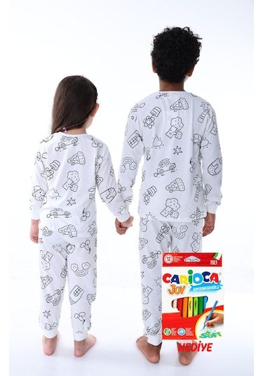 Zuzunga En Sevimli Figürler Özel Kalemi İle Boyanabilir Çocuk Pijama Takımı 12'li Kalem Seti Hediye Beyaz1 Beyaz