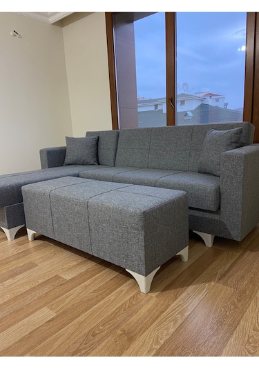 Açık Gri Keten Köşe Koltuk Takımı+puf