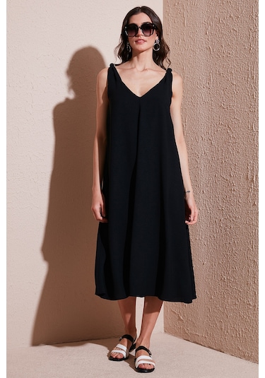 Lela Oversize Fit V Yaka Midi Boy Basic Bayan Elbise 6788688 Siyah