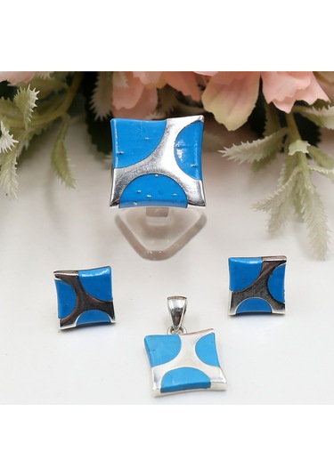 Firuze Taşlı Kare Set Rose Gold - Gümüş