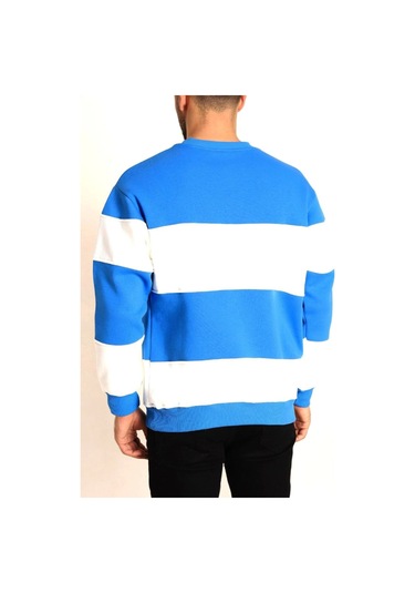 Parçalı Bisiklet Yaka Baskılı Sweatshirt - Mavi renkli Çok Renkli