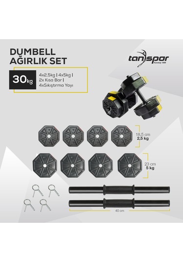 Tan Spor Dambıl Halter Ağırlık Kısa Bar Set 30 KG