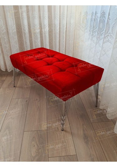 Modern Dilim Puf Ayakucu Puf Gümüş Metal Ayak 100 45 Kırmızı