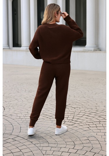 Kadın Rahat Kalıp Örgü Triko Tasarım Alt Üst Takım Acı Kahverengi
