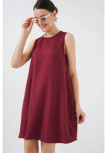 2444 Mini Keten Elbise - Bordo Bordo