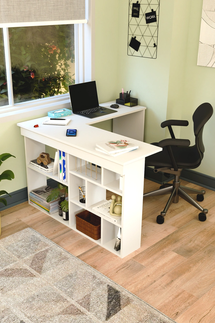 Corn Köşe Çalışma Masası Raflı Bilgisayar, Ofis Masası Beyaz Beyaz